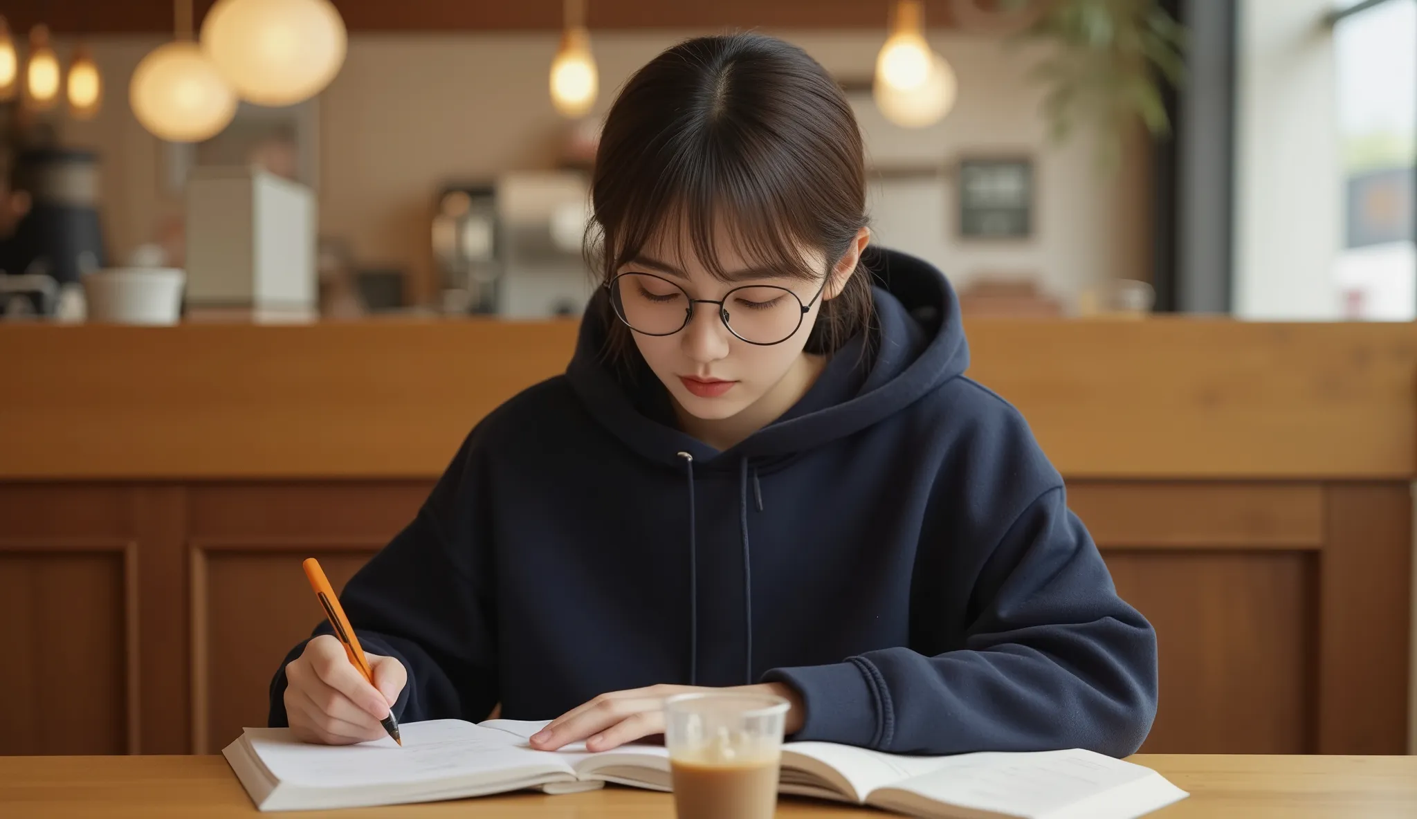 A 20-year-old Japanese woman with straight dark brown hair and bangs, wearing a navy hoodie and black non-prescription glasses, is studying in a cozy café. She sits at a wooden table with an open notebook, a pen in hand, and a focused yet relaxed expressio...