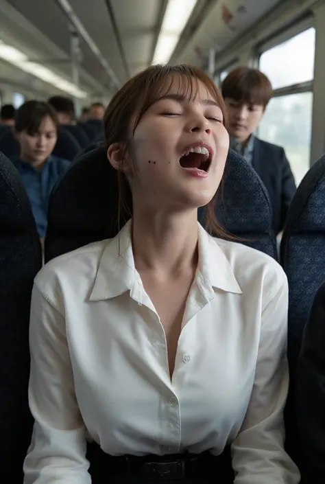 35 year old beautiful brown-haired woman , Commuter trains in Japan,Crowded car interior,  business suit wearing a white shirt 、Wide Chest , ((  arching head and screaming orgasm )) ,   close-up with his eyes closed   , (  8K ultra HD :0.8),  Ultra Detaile...