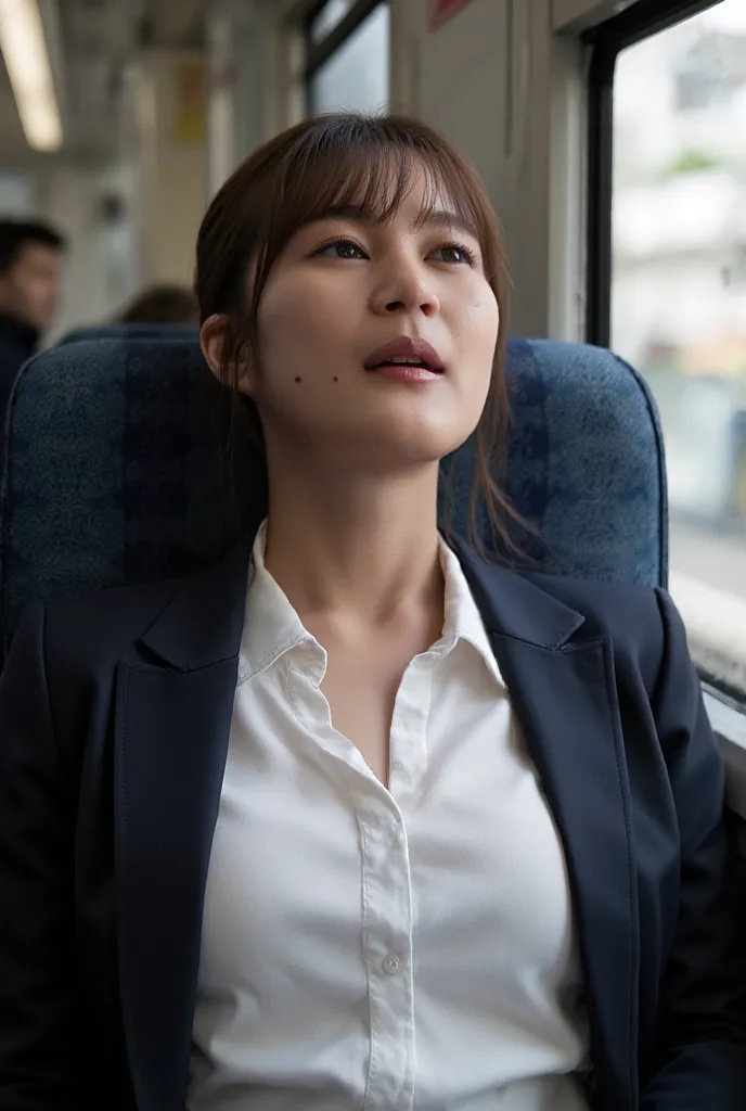 35 year old beautiful brown-haired woman , Commuter trains in Japan,Crowded car interior,  business suit wearing a white shirt 、Wide Chest , ((  arching head and screaming orgasm )) ,   close-up with his eyes closed   , (  8K ultra HD :0.8),  Ultra Detaile...