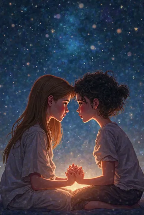 two age friends ,one with straight brown hair and the other with dark curly hair.Sitting facing each other holding hands with her forehead supported.One of them with a bright aura around her the other looking at her in amazement.In the background a starry ...