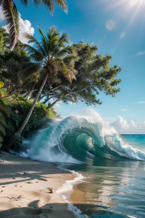 A very photoretical tropical beach with white sand the pristine, clear turquoise water, and lush green palm trees. Cloudless bright blue sky, illuminated by natural sunlight illuminating every detail. Huge waves roll, hits the beach with white foam forming...