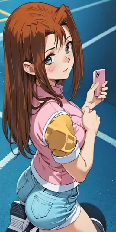   1 female, High Definition,High resolution,    ultra-realistic    ,8K, serenidaddm  ,   long hair,   brown hair,     pink shirt  , blue shorts,   gray eyes, city,   blue sneakers  ,  big breasts,European,sexy,  Close-up of the upper body,    photographed ...