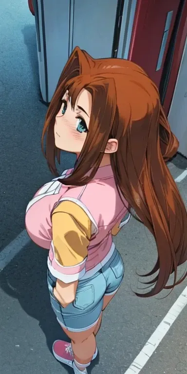   1 female, High Definition,High resolution,    ultra-realistic    ,8K, serenidaddm  ,   long hair,   brown hair,     pink shirt  , blue shorts,   gray eyes, city,   blue sneakers  ,  big breasts,European,sexy,  Close-up of the upper body,    photographed ...