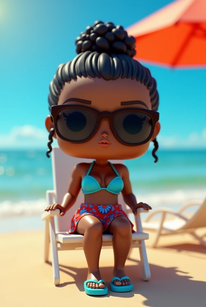 Create a Funko Pop of a black woman , Curly black hair tied up , thin waist slim body,blue flip flops Slim body thin waist. Funko Pop must be wearing a neon blue beach bikini with red and a printed beach skirt .Red printed with blue flowers. Wearing dark g...