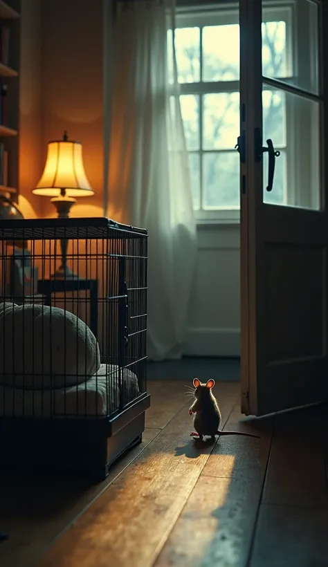 In a room brightly lit by a clear lamp, a small mouse cautiously peers from behind the bars of its cage. Quickly, it nudges the slightly open door and escapes. The room is quiet except for the sound of wind outside the window.