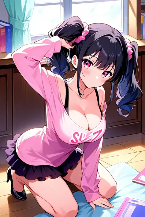 score_9, score_8_up, score_7_up, source_anime, 1girl, black hair, braided twintails, cleavage, barefoot, large breasts, petite, curvy, black pumps, pink print shirt, black frill skirt, nsfw