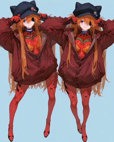  top quality,   masterpiece,    748cm style  ,         cute poster 、  8k Wallpaper、   、  high detail、、            absurd,    latest,                 neon genesis evangelion template、 female 1 person、   Rebuilding Sōryu Asuka Langley  、  orange hair、    blu...