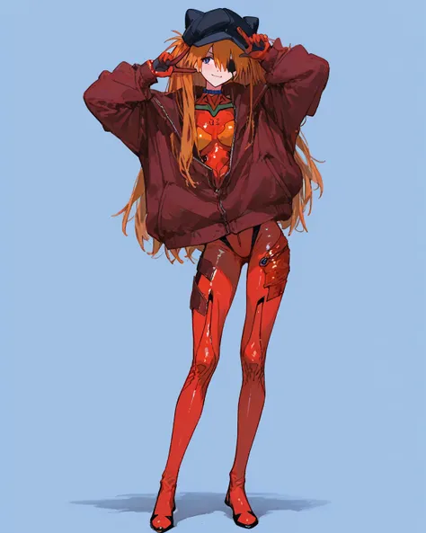  top quality,   masterpiece,    748cm style  ,         cute poster 、  8k Wallpaper、   、  high detail、、            absurd,    latest,                 neon genesis evangelion template、 female 1 person、   Rebuilding Sōryu Asuka Langley  、  orange hair、    blu...