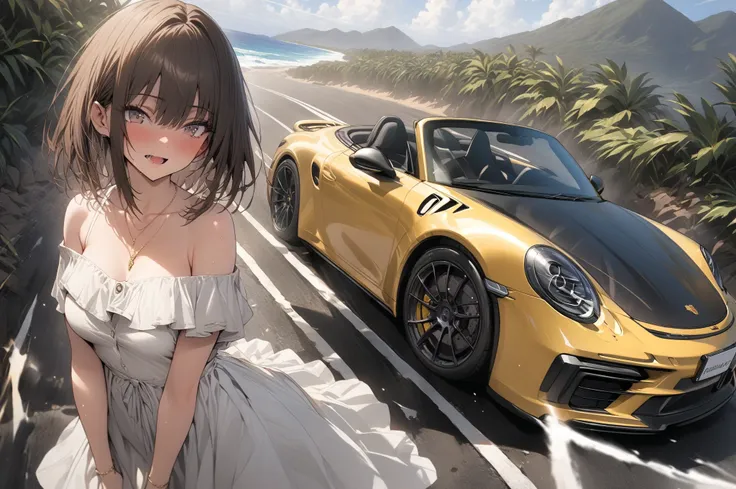 (masterpiece, detailed:1.2), One Girl, (18-years old), brown long Bob Cut, Medium Breasts, off shoulder,BREAK, Highest quality, on a Hawaiian road, BREAK, standing, "Porsche 911 spider", 