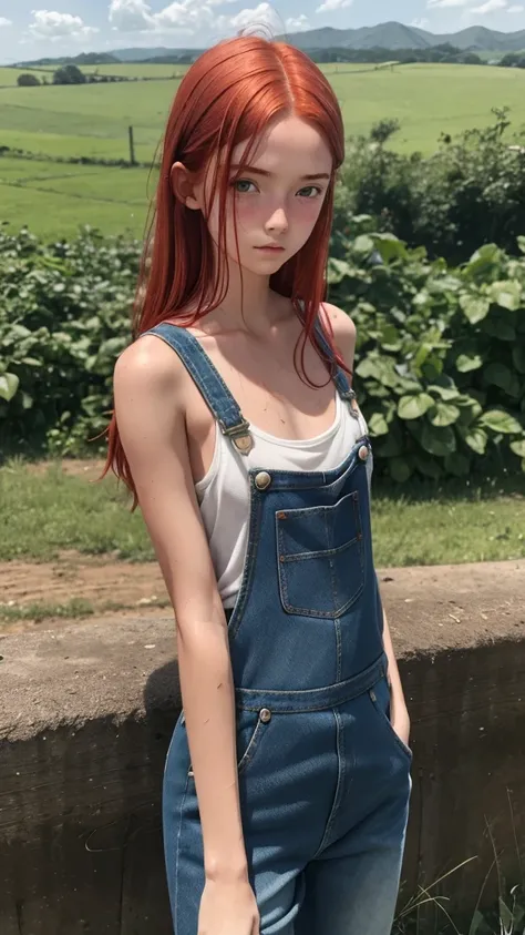 Farmer's daughter, thirteen years old, slender, dirty denim overalls, bright red hair, slightly sunburnt skin, innocent look, no shirt, sweating, nsfw, 