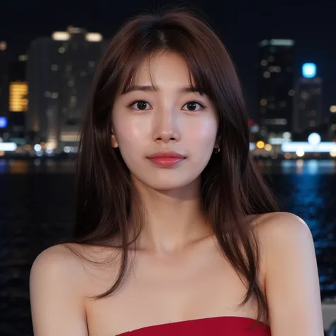 (close up shot), beautiful korean woman with natural makeup, natural lips, wavy hair, wearing strapless tube dress, city at night background, natural lighting, dslr, soft lighting, high quality, film grain, light reflections, blood vessels, pale skin, skin...