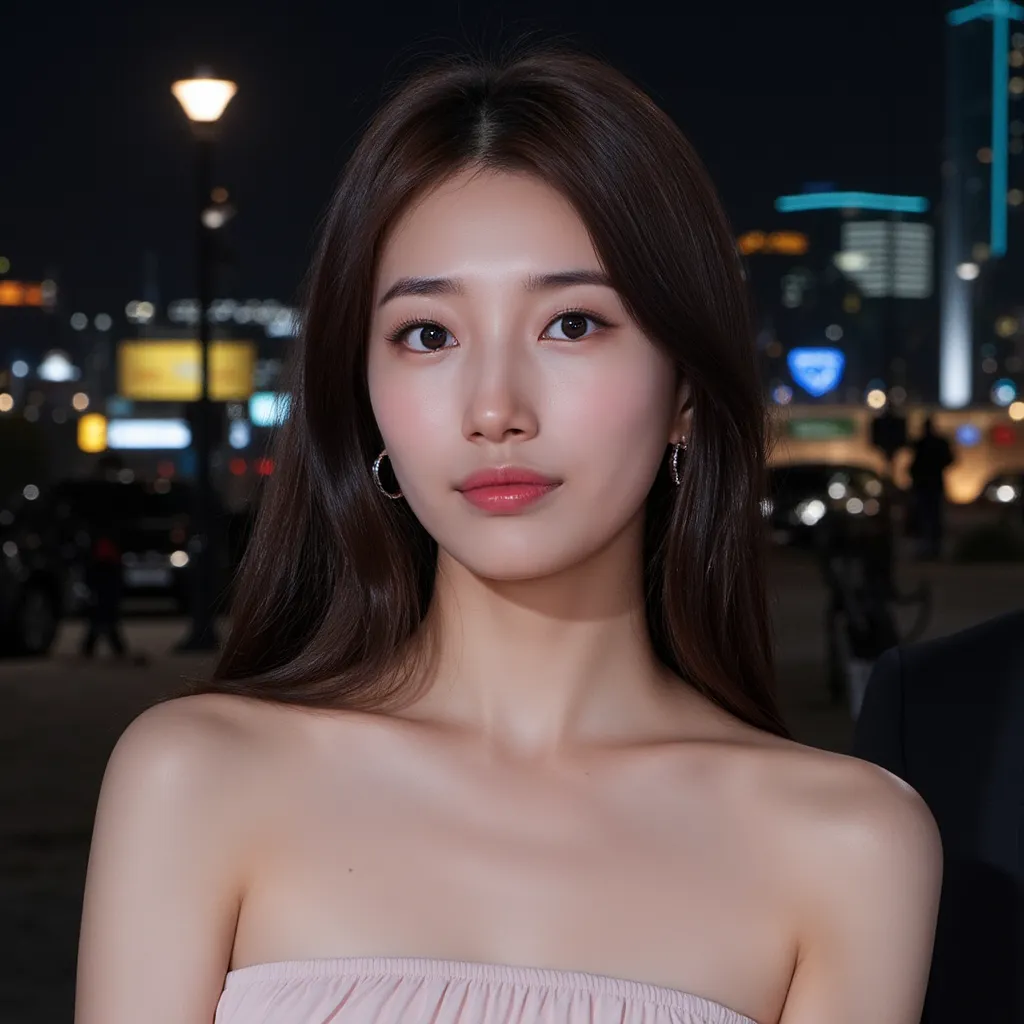 (close up shot), beautiful korean woman with natural makeup, natural lips, wavy hair, wearing strapless tube dress, city at night background, natural lighting, dslr, soft lighting, high quality, film grain, light reflections, blood vessels, pale skin, skin...