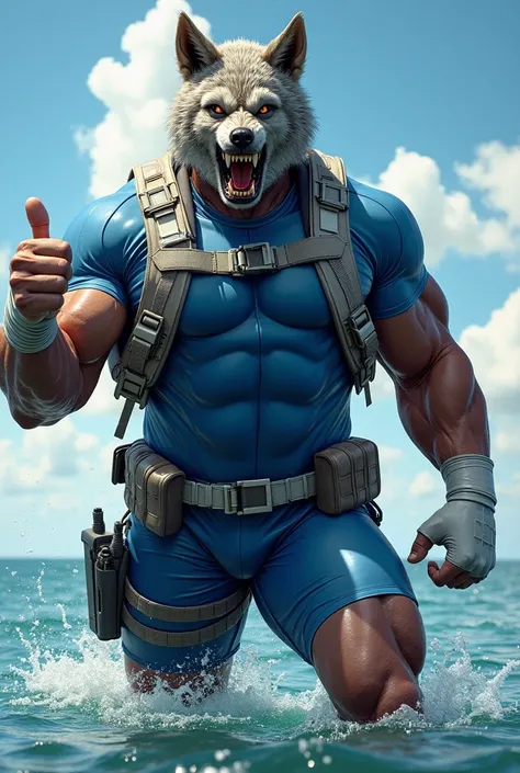 (A rugged beefy extremely muscular bulky angry old man), (wearing skintight blue fully-zipped short sleeve wetsuit with short swimming pants that show his muscular thighs), (wearing realistic roaring wolf mask), thumbs up pose, wearing white bulky harness,...