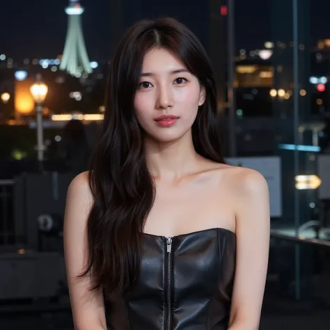 (close up shot), beautiful korean woman with natural makeup, natural lips, wavy hair, wearing black leather strapless tube dress, city at night background, natural lighting, dslr, soft lighting, high quality, film grain, light reflections, blood vessels, p...