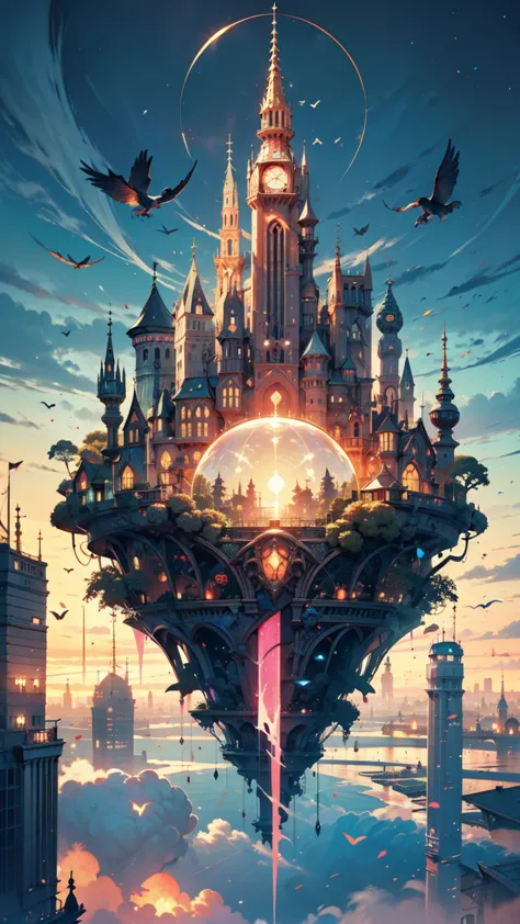  An eerie futuristic floating island floating in the air, City,  fantasy, (The bad guy&#39;s hideout), ( cute),  cute,  cute,  anime style,  Technology ,  dark,  funny, magic plant growth,  Extreme Details ,  real light ,  blue sky, A magnificent compositi...