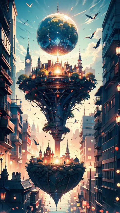  An eerie futuristic floating island floating in the air, City,  fantasy, (The bad guy&#39;s hideout), ( cute),  cute,  cute,  anime style,  Technology ,  dark,  funny, magic plant growth,  Extreme Details ,  real light ,  blue sky, A magnificent compositi...