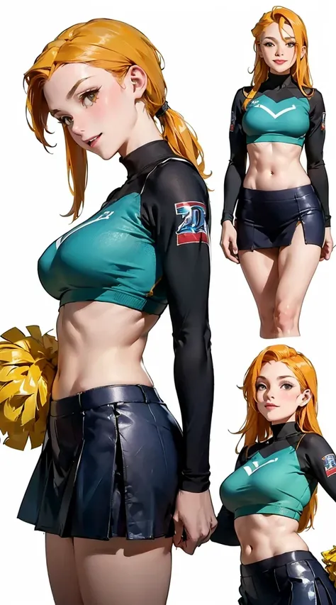 (kim possible:1.3), long hair, green eyes, (cheerleader uniform:1.1), crop top, miniskirt, panties, underboob, midriff, medium breasts, cheering, leg up, outdoors, football stadium, Masterpiece, best quality, detailed background, intricate details, detaile...