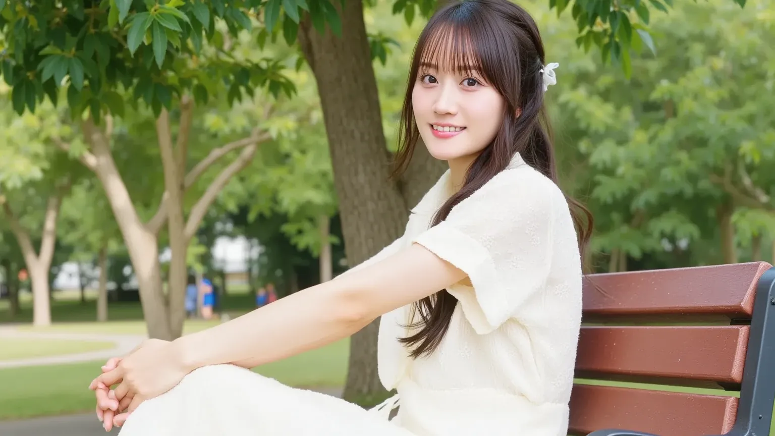 "A charming young woman wearing a summery dress, sitting on a park bench. The dress is light and airy, evoking a summer vibe, with soft pastel colors or floral patterns. She has a gentle smile, gazing at the serene park scenery around her. The park feature...