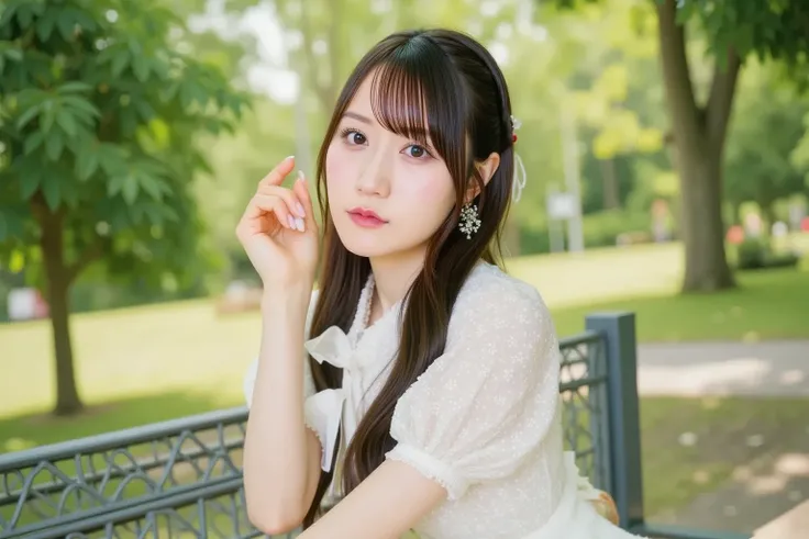 "A charming young woman wearing a summery dress, sitting on a park bench. The dress is light and airy, evoking a summer vibe, with soft pastel colors or floral patterns. She has a gentle smile, gazing at the serene park scenery around her. The park feature...