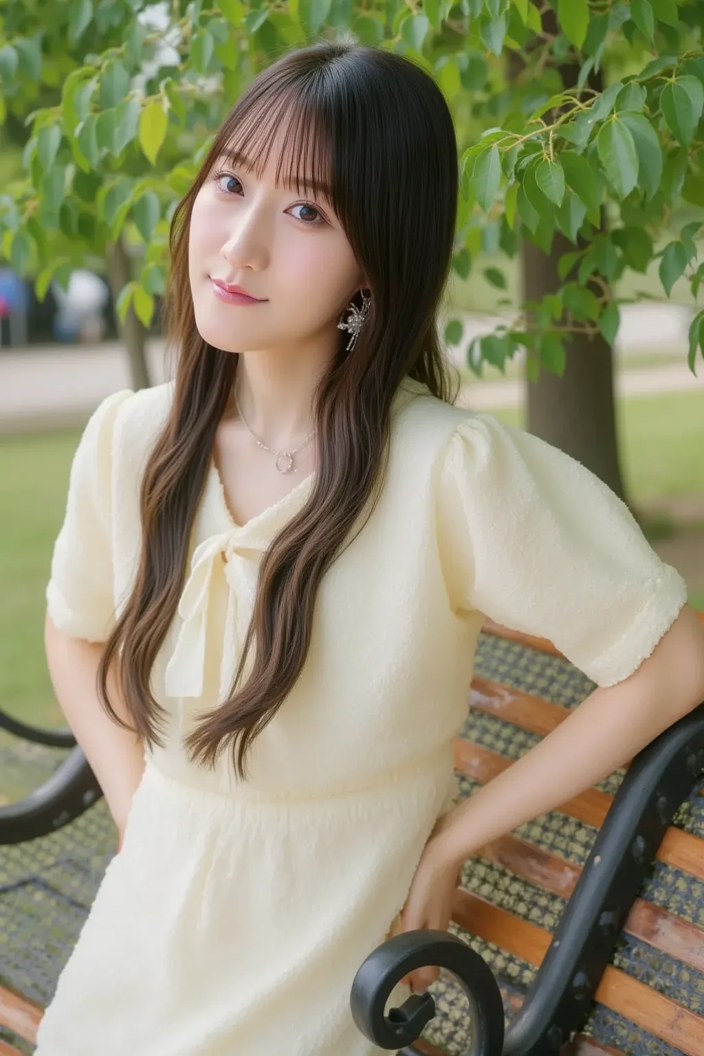 "A charming young woman wearing a summery dress, sitting on a park bench. The dress is light and airy, evoking a summer vibe, with soft pastel colors or floral patterns. She has a gentle smile, gazing at the serene park scenery around her. The park feature...