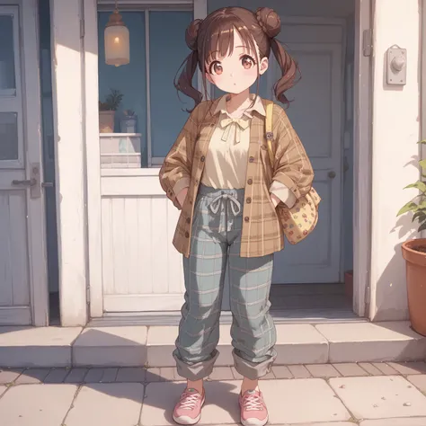 (shiny body=:1.0),(full body=:1.0),(1 girl,solo,sonoda chiyoko,double bun,twintails,brown eyes,brown hair=:1.0),(Flannel Pajama Pants  =:1.0),(ultra detailed,best quality,absolutely resolution=:1.0)