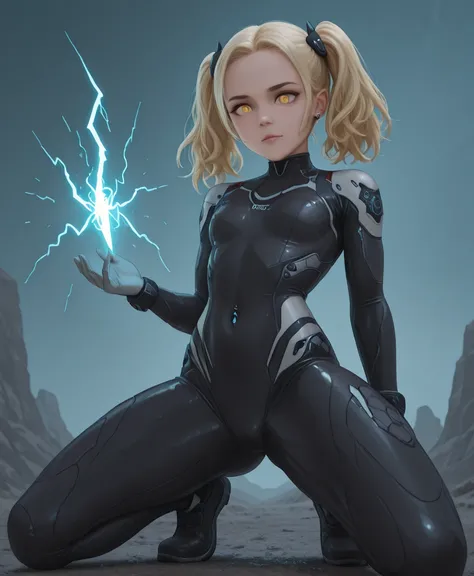 Amidst a stormy night, with lightning crackling across a dark and ominous sky, stands the formidable Thunder Ranger—a fierce yet youthful warrior. Her delicate, loli-like face contrasts with her intense presence, her piercing eyes reflecting the electric f...