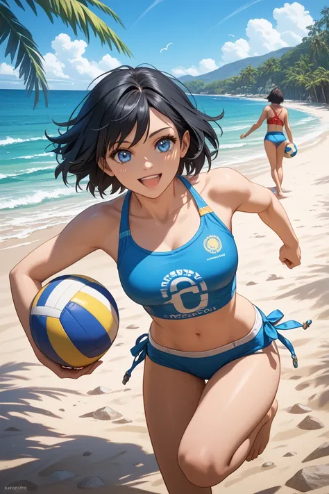 1 woman in a swimsuit,  beautiful girl,  black hair, short bob,  blue eyes, Casual swimwear,  beach volleyball,  beach volleyballボール,  sandy beachのバレーコート, The net, A powerful gaze,  showing teeth and laughing, Front view, facing here, jumping, spiking towa...