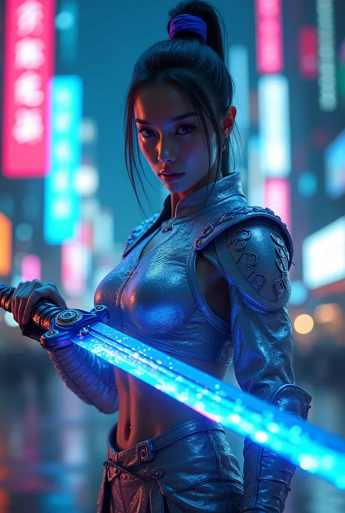 An awe-inspiring, voluptuous female martial artist wearing a lightning-fast suit that sparkles with the intensity of 8k HD detail.  Every rippling muscle and metallic scale on his armor is rendered in hyper-realistic 3D, reflecting the vivid neon surroundi...