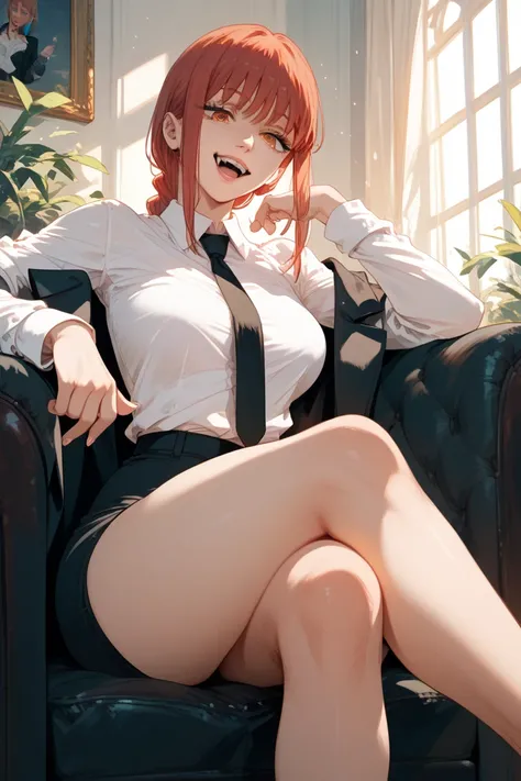 Chainsaw Man,Makima,  sitting,Looking Down, Crossing legs,Queen, laugh at,  suit, 