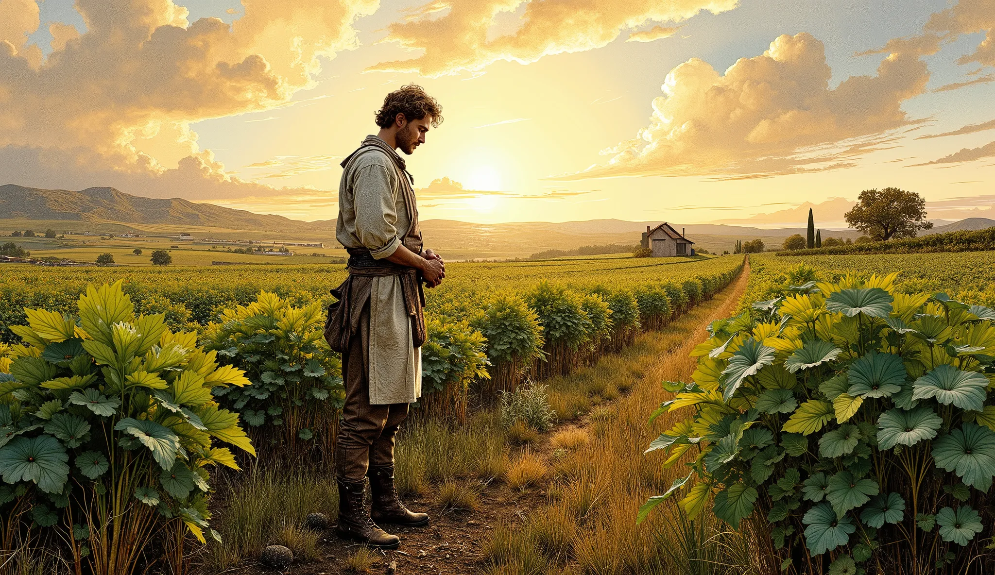 Concept art of Hugo (27) stands amid his lush farmland at dawn, wearing a simple linen tunic and sturdy boots. He gently examines ripe crops with a peaceful expression, no longer worried about pests or bad weather. The scene highlights abundant fields stre...