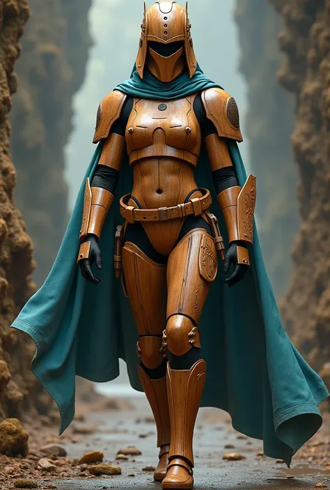 Sexy female stormtrooper (Star Wars), carved wooden leotard, wood helmet, wood armor, wood mask, wearing cyan cape