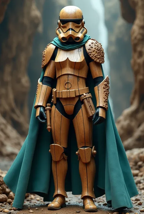 Sexy female stormtrooper (Star Wars), carved wooden leotard, wood helmet, wood armor, wood mask, wearing cyan cape