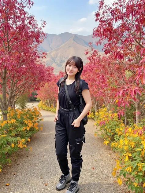 "A charming Japanese woman climbing a mountain in Japan during autumn. The scene is surrounded by vibrant red and orange autumn foliage, with trees in full fall colors. She is wearing hiking gear with a cheerful expression, walking along a mountain trail. ...