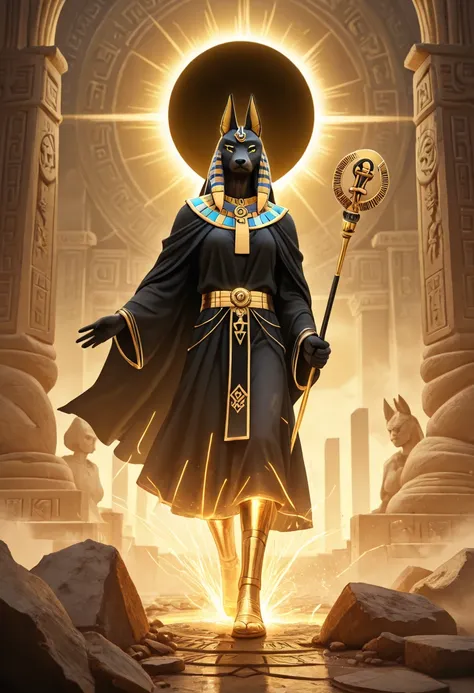 Tarot Card: Death – Anubis, Guardian of Transformation Anubis, the Egyptian god of the afterlife, stands tall, his jackal eyes glowing with divine wisdom. Cloaked in dark robes, he holds the Was scepter in one hand and the Ankh in the other—symbols of endi...