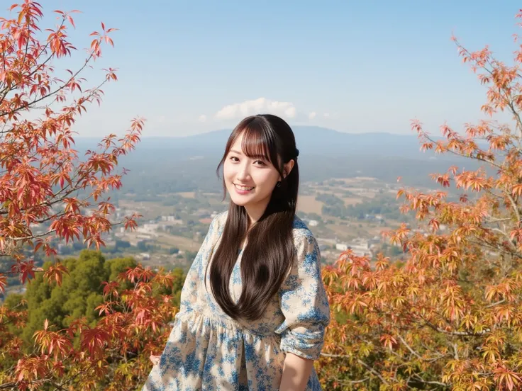 "A charming Japanese woman climbing a mountain in Japan during autumn. The scene is surrounded by vibrant red and orange autumn foliage, with trees in full fall colors. She is wearing hiking gear with a cheerful expression, walking along a mountain trail. ...