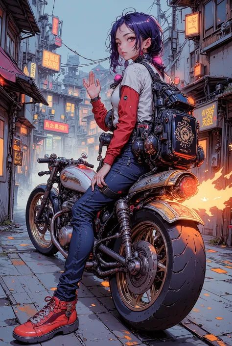 A girl straddling a motorcycle, looking back at me, smiling and waving, Street Corner in a Japanese Suburb, Motorcycle tail lamp clearly, morning glow before dawn, big backpack, Luxurious Fabrics, Details, full color illustrations, Fantastic painting atmos...