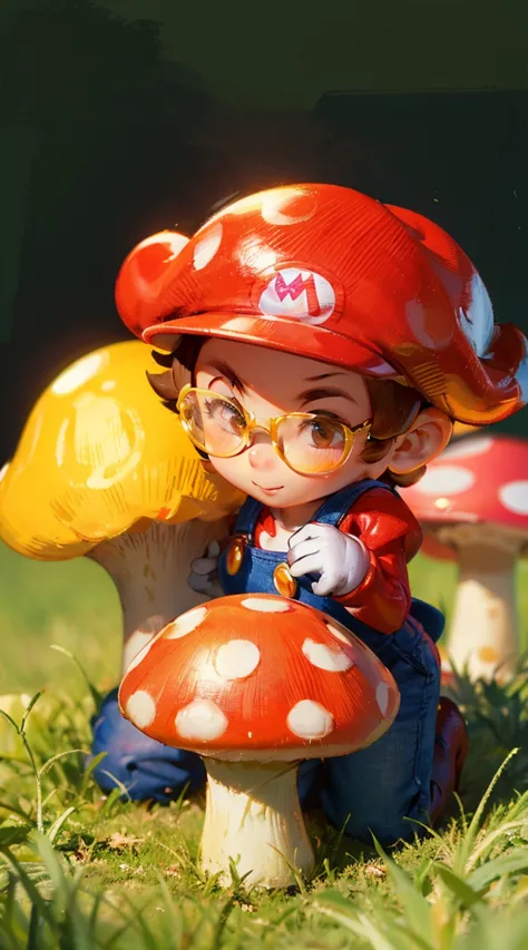 Cute girl, yellow skin, short black hair, brown eyes, eyes protected by silver glasses frames, wearing a blue overalls with a front pocket, big breasts, ((super mario bros)), ((blur the background)), ((masterpiece)), ((ultra quality)), ((ultra detailed)), ...