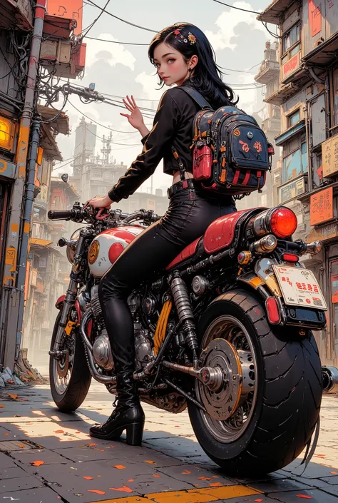 A girl straddling a motorcycle, looking back at me, smiling and waving, Street Corner in a Japanese Suburb, Motorcycle tail lamp clearly, morning glow before dawn, big backpack, Luxurious Fabrics, Details, full color illustrations, Fantastic painting atmos...