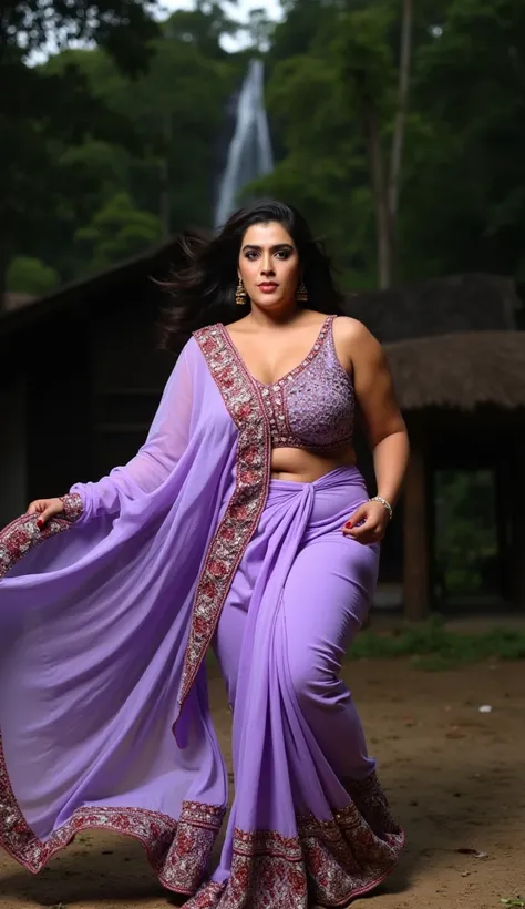 Front view a plus sized indian woman in a highly embroidered light purple colour saree with meroon colour boarder (wearing below belley button) and deep neck sleeveless blouse, is running extremely fast towards camera, with a group of shirtless men, her ha...