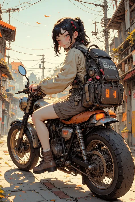 A girl straddling a motorcycle, looking back at me, smiling and waving, Street Corner in a Japanese Suburb, Motorcycle bed light clearly on morning glow, big backpack, Luxurious Fabrics, Details, full color illustrations, Fantastic painting atmosphere, ((a...