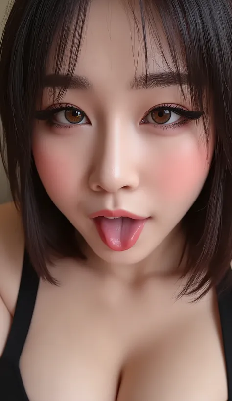 ((Best Quality, 8K, Masterpiece: 1.3)), beautiful Asian Korean e-girl streamer makeup, push-up tank top that emphasize perfect big cleavage, amazing breast enhancement, hard blush make up: 1.5, perfect long strong winged eyeliner, perfectly smoky eye shado...