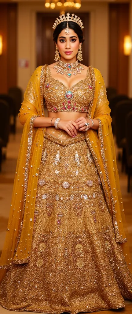 An enchanting Indian woman dressed in an intricately designed golden lehenga, covered in rich embroidery and shimmering sequins, adorned with traditional bridal jewelry, glowing skin with warm-toned makeup, deep expressive eyes, poised with confidence, lux...