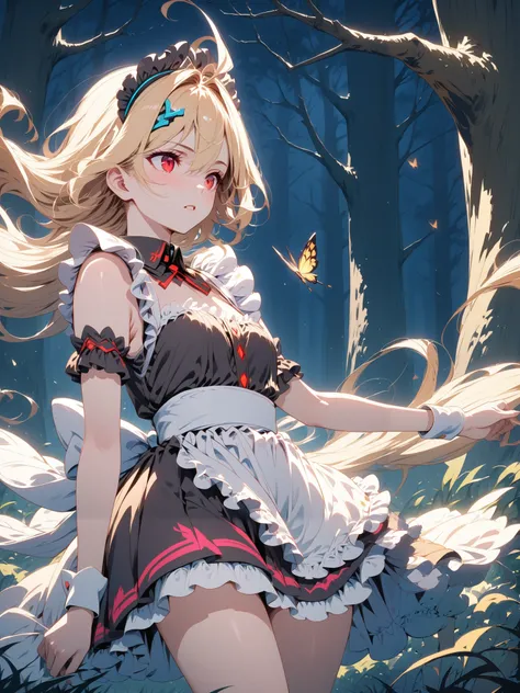 sleeveless maid, blond hair flutters in the wind, Red Eyed Girl, Alone, The background is in the dense forest at night,  alert , miniskirt,  knee shot, corruption,  Shade, Maid Head Accessory, 