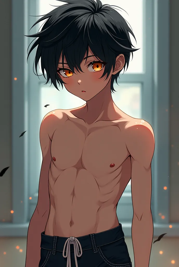 Black-haired boy with amber eyes, wearing revealing clothing in anime style