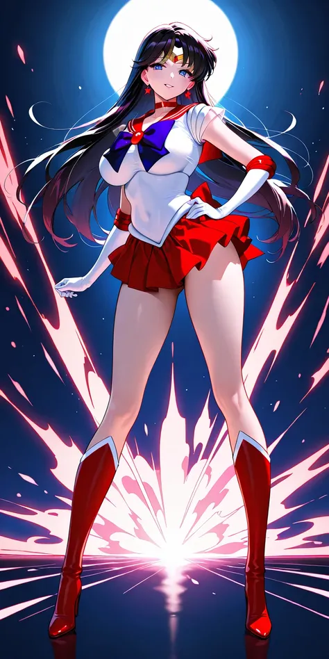 Masterpiece, elegant mature woman, sailor mars\(sailor mars\), tall body, big breast, sailor senshi uniform (sailor senshi uniform shirt, sailor senshi uniform gauntlets, sailor senshi uniform skirt, sailor senshi uniform high boots), full body, parted lip...