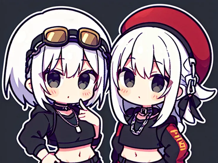 Two girls with white hair,Black Eyes,Wear a cropped top with a chain, wearing black goggles on his head,