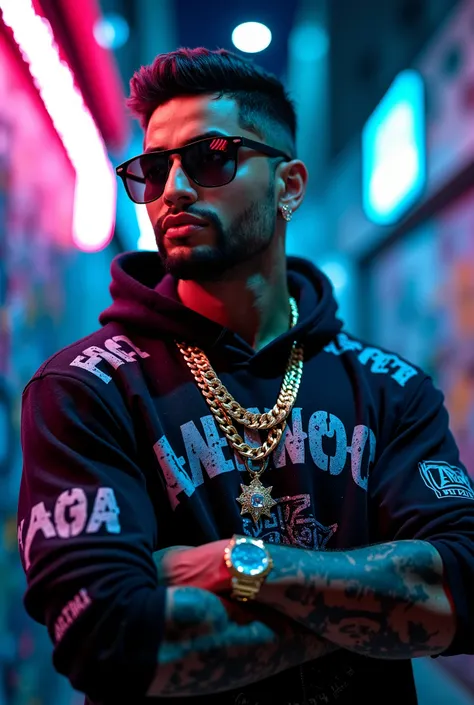 Aquí tienes un prompt optimizado pa
"Close-up shot of a muscular urban rapper with dark skin, wearing a stylish oversized hoodie with graffiti-style prints, a gold chain necklace, and diamond-studded earrings. His face has a confident, intense expression, ...