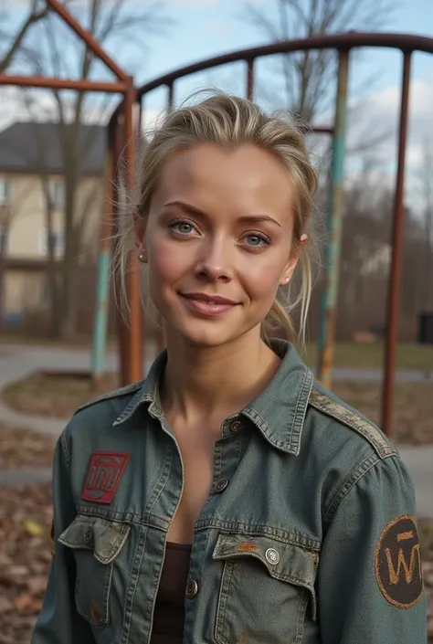 kristannaloken3 smiling in a post soviet playground, cowboy shot