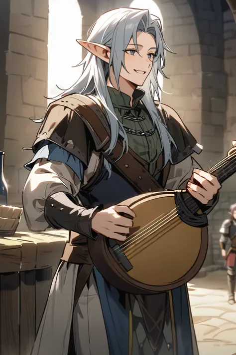  medieval times , Elf male 1 , pointy ears, Bard , I'm holding a musical instrument,  with a gentle smile, Bard 같은 천 옷