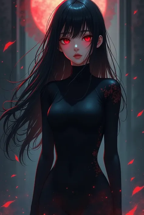 Create a female character with black clothes being slightly short, black hair and red eyes in anime style. 